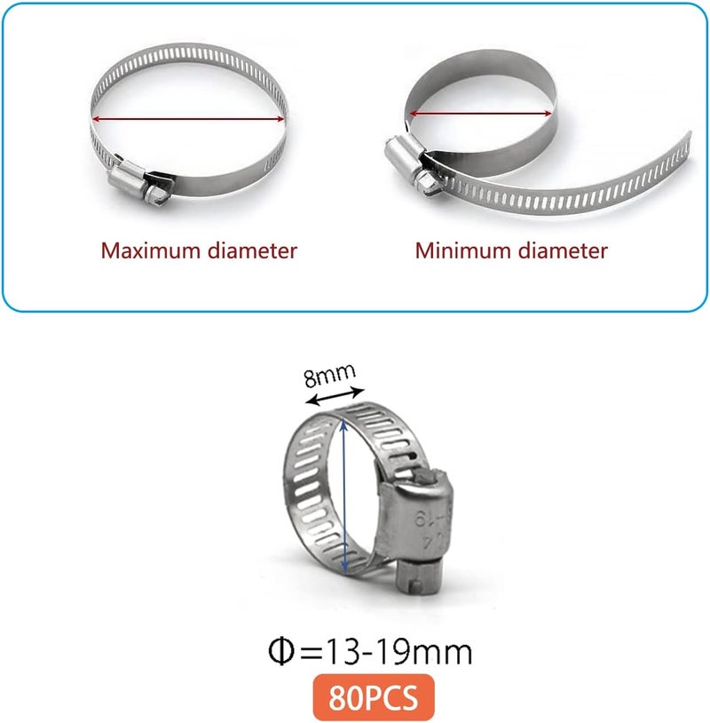 ZIPCCI Hose Clamp, 80 Pack Stainless Steel Hose Clamps Worm Gear Fuel Line Pipe Clamps, 13-19mm (1/2-3/4 inch) - Image 4
